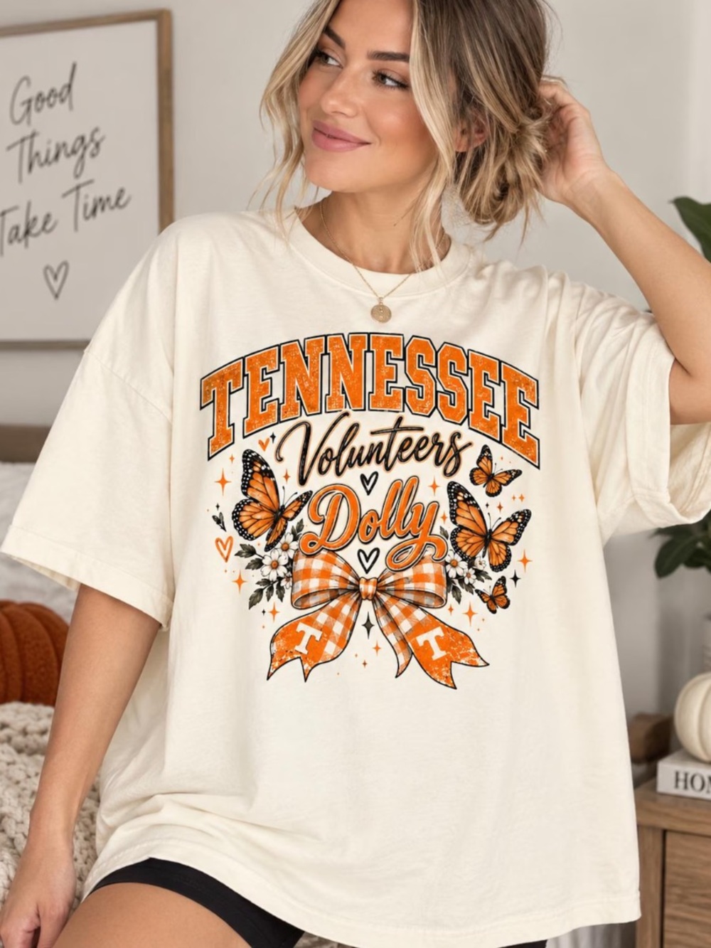 Off White Tee with Orange Tennessee Volunteers Dolly Graphic